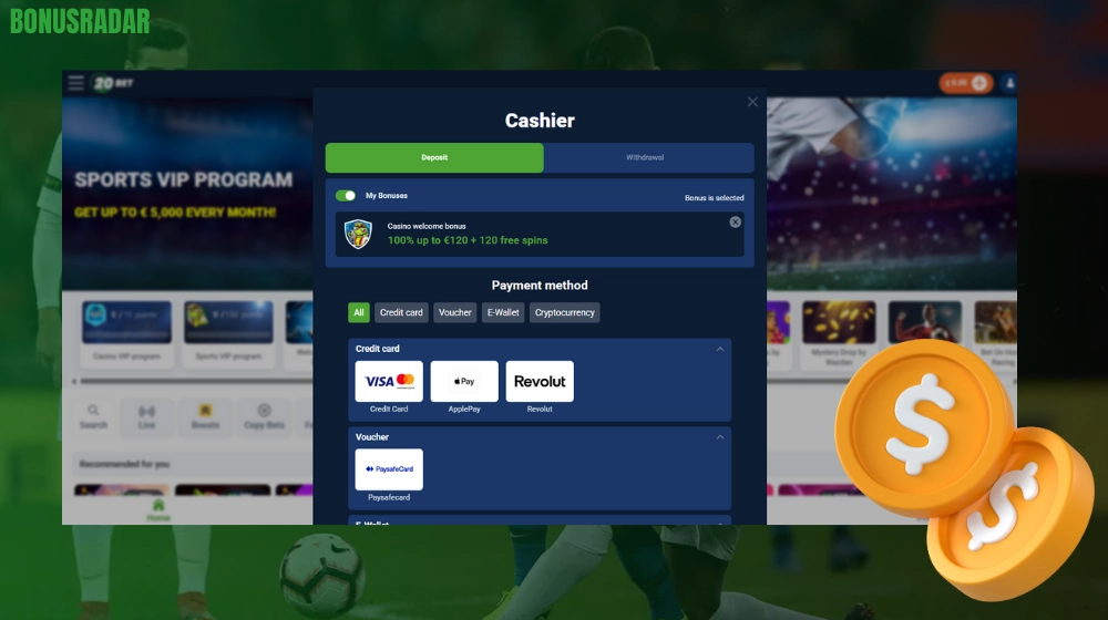 Način plačila in dviga pri 20Bet