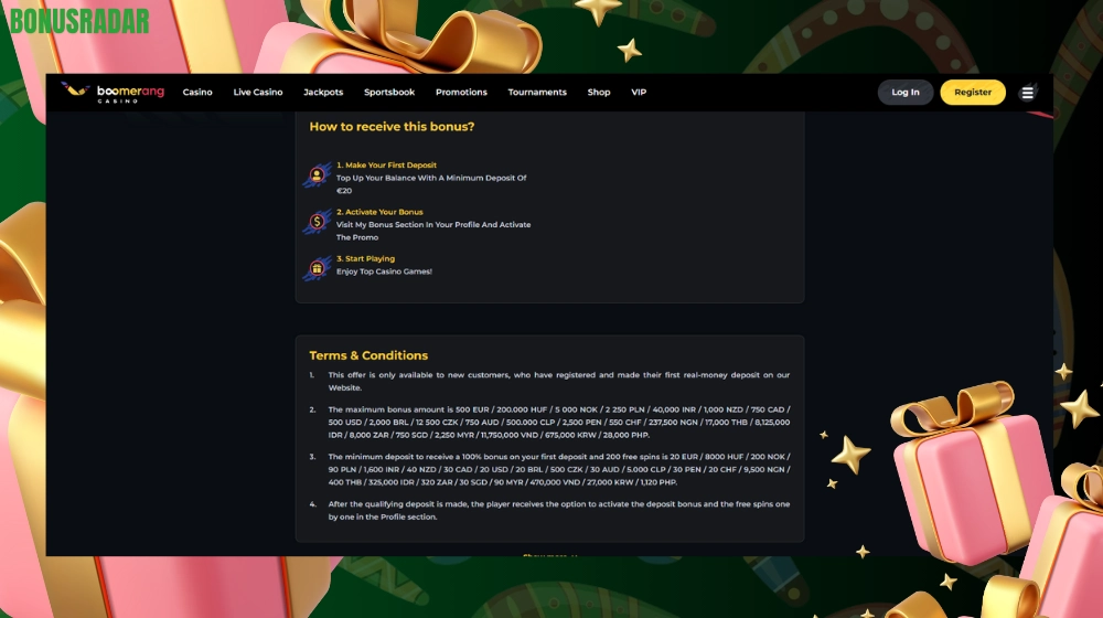 Pogoji in določila za Boomerang bonus brez pologa