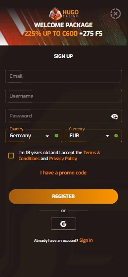 Izberite državo prebivališča in valuto igralnega računa.