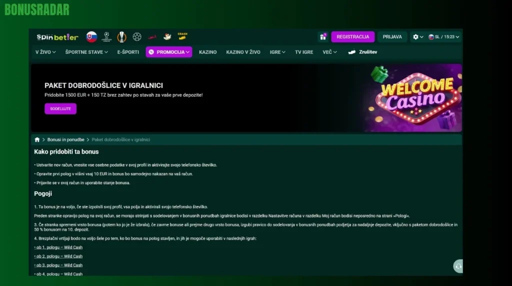Bonus dobrodošlice v Spinbetter Casino