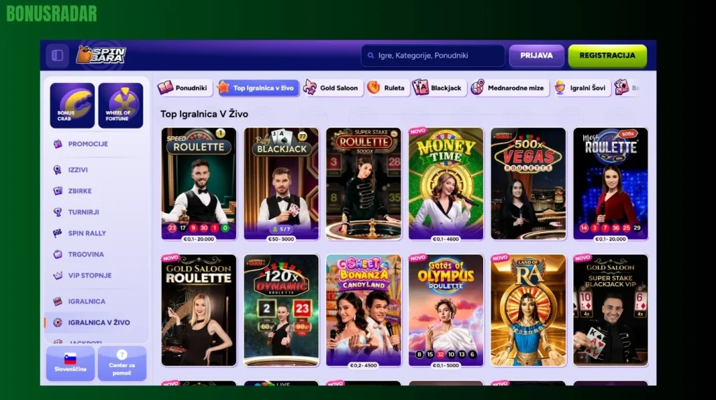 Igre v živo v SpinBara Casino
