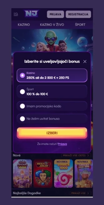 Izberite bonus Novajackpot Casino