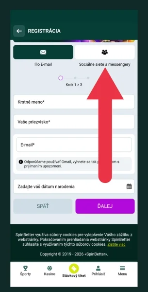 Izberite način prijave Spinbetter