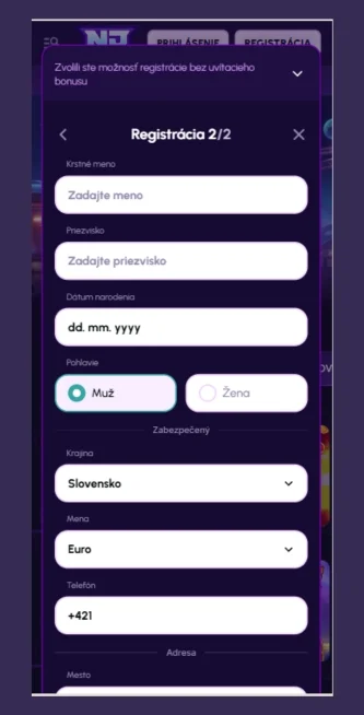 Izpolnite osebne podatke Novajackpot Casino