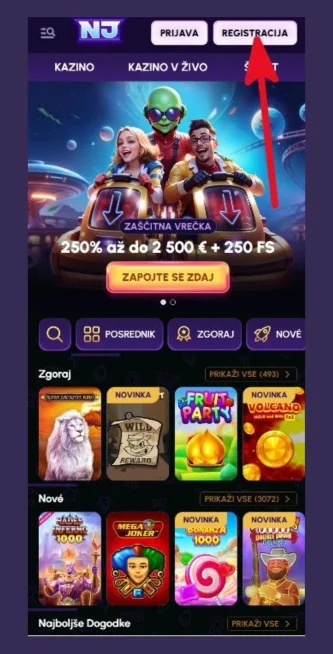 Kliknite gumb za registracijo Novajackpot Casino
