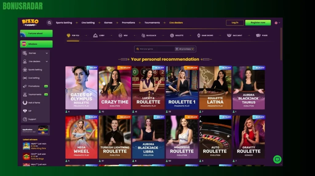 Namizne igre pri Bizzo Casino