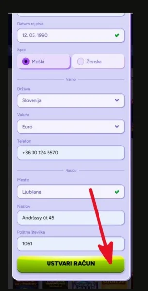 Klikni gumb Ustvari račun na dnu obrazca za dokončanje registracije